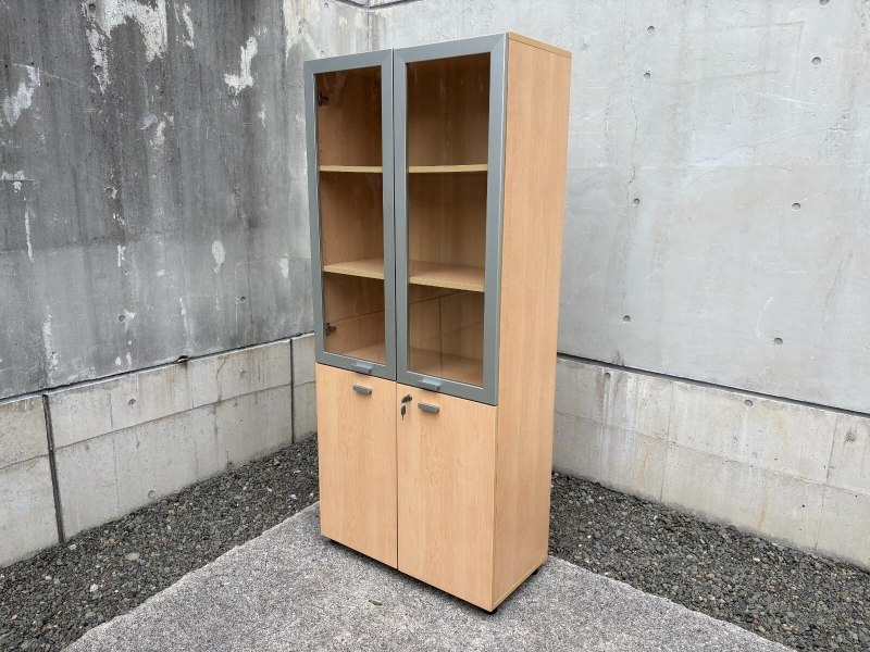 ガラス+木扉　木製両開き書棚　中古_0