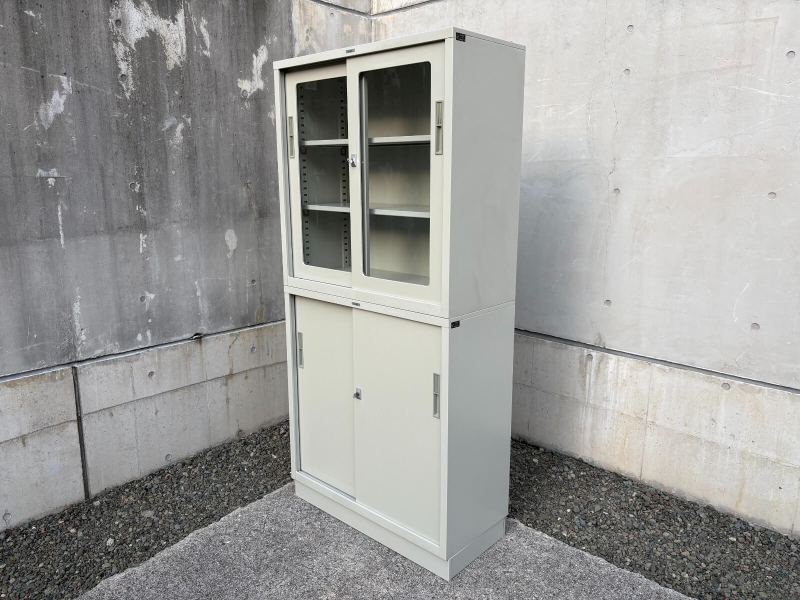 33タイプ　ガラス+スチール引違い書庫　上下セット　中古_0