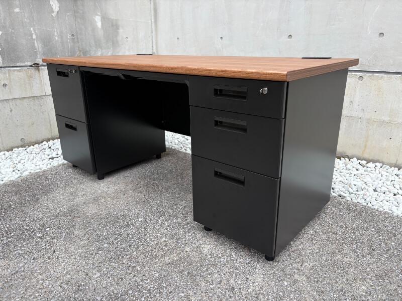 両袖机　W1600　ウォルナット×ブラック　中古_0