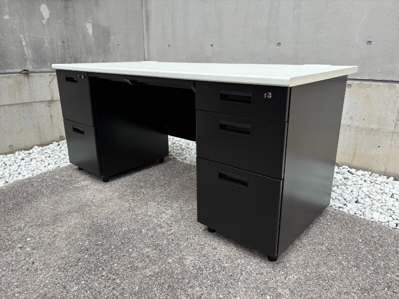 両袖机　W1600　ホワイト×ブラック　中古_0